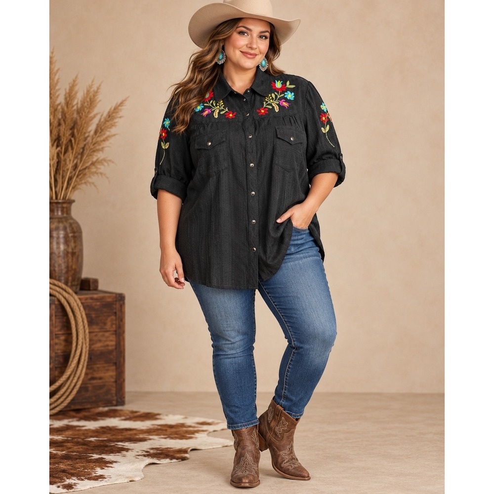Roper Women's 3X Black Embroidered Western Snap Front Shirt Floral Boho Cowgirl